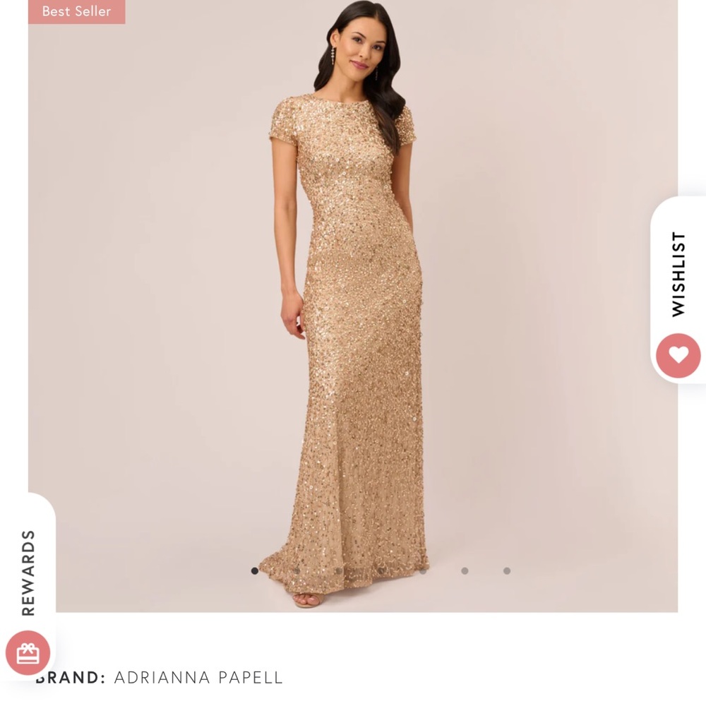 Gently used Adrianna Papell scoop back sequin gown champagne gold size 14